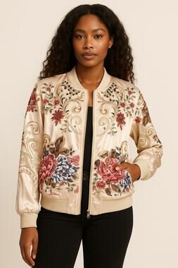 OO LALA Satin Floral Embroidered Bomber Jacket Beaded Medium Statement